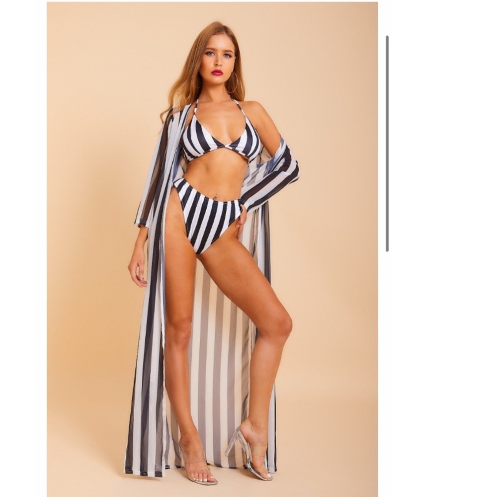 Striped Black And White 3 Piece Bikini Set